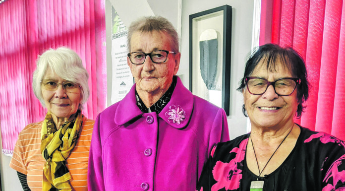 Housie group volunteers and supporters of more than 30 years, from left: Marie Devonshire, June Himona and Mere Kerehi QSM [current patroness of Wairarapa Kaumātua Charitable Trust].  PHOTO/JULIA MAHONY