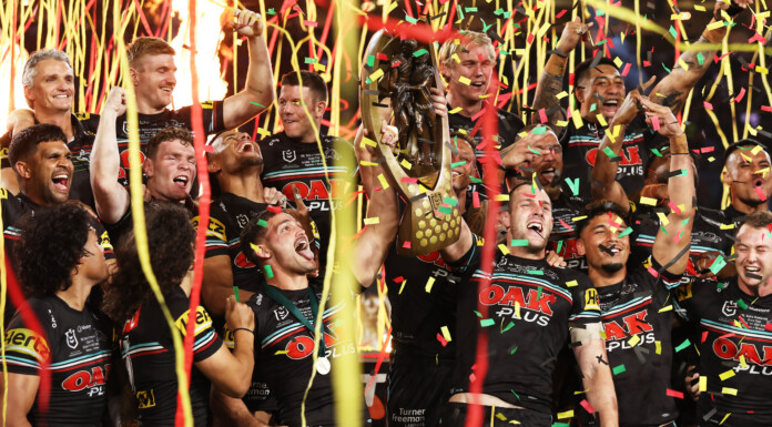 The Penrith Panthers celebrate winning their third straight NRL premiership. PHOTO/GETTY IMAGES