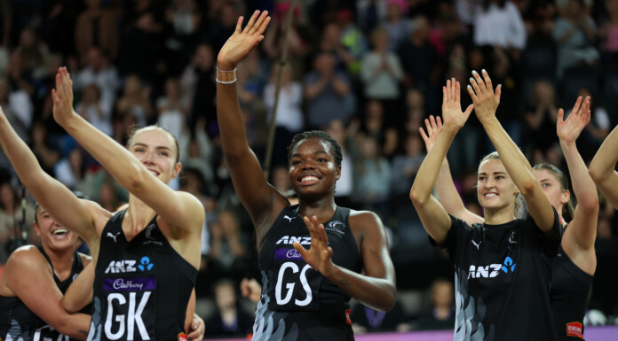 The Silver Ferns celebrate Monday’s victory over Australia. PHOTO/GETTY IMAGES