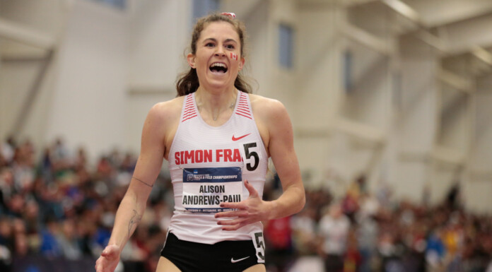 Alison Andrews-Paul reacts after winning the NCAA Division II Indoor 800m Championship in 2022. PHOTO/GETTY IMAGES